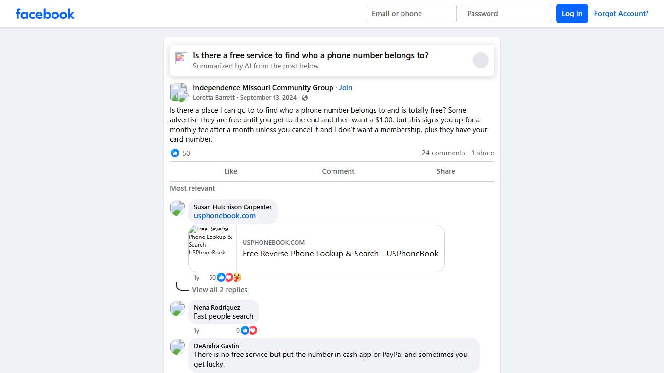 Independence Missouri Community Group | Is there a place I can go to to find who a phone number belongs to and is totally free | Facebook